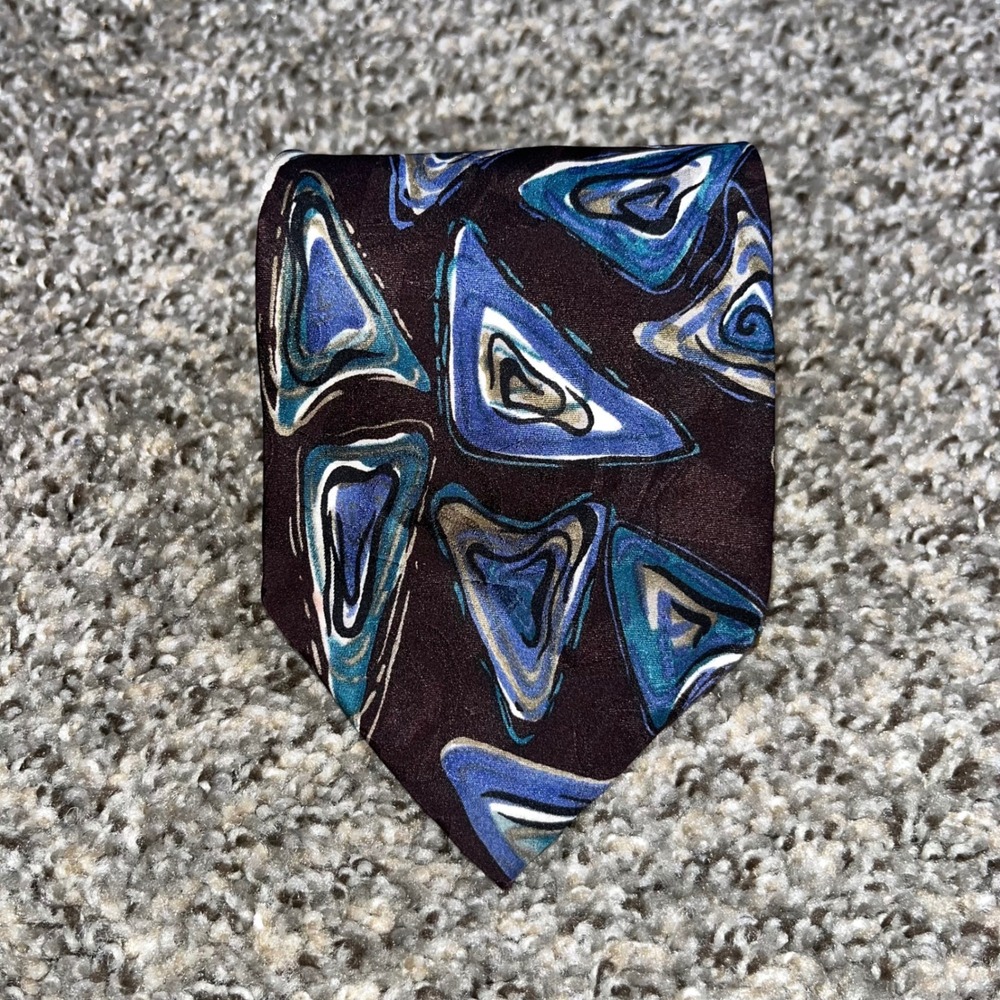 Karl Lagerfeld Vintage 90s Silk Tie Abstract Geometric Blue Black Designer 56in